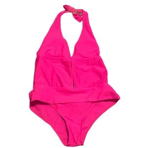Ruched Halter Neck Backless One Piece Hot Pink  Women's Swimsuit Large NWOT